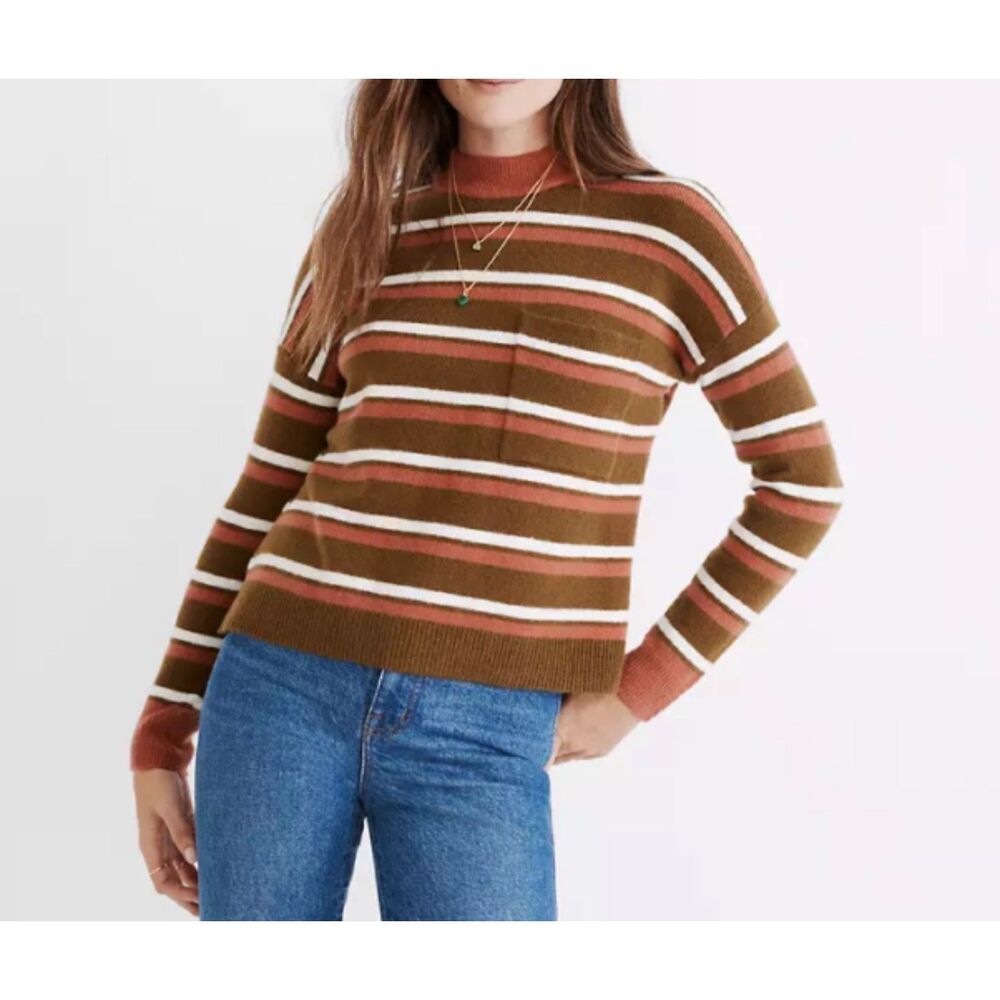 Madewell Redmond Wool Blend Mock Long Sleeve Striped Pocket Sweater XS